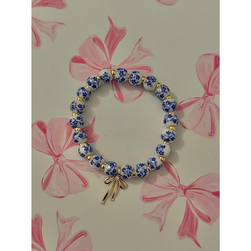 Beads Bow Charm Bracelet for Women - Handmade Flower Vintage Stretch Jewelry - Picture 7 of 9